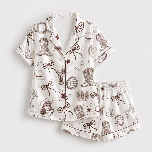 PJ-453-White Satin Cowgirl Pajama Apparel, Brown Boot Pattern Sleeve Loungewear Sleepwear Collection Clothing