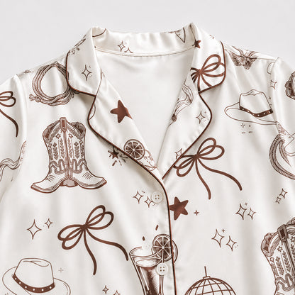 PJ-453-White Satin Cowgirl Pajama Apparel, Brown Boot Pattern Sleeve Loungewear Sleepwear Collection Clothing