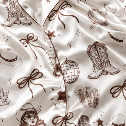 PJ-453-White Satin Cowgirl Pajama Apparel, Brown Boot Pattern Sleeve Loungewear Sleepwear Collection Clothing