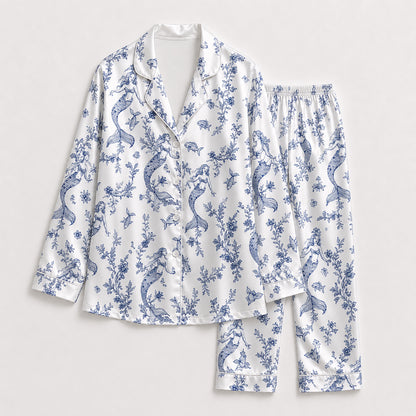 PJ-455-Elegant Blue Mermaid And Sea Coral Print White Satin Button Down Lounge Pajama Set