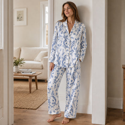 PJ-455-Elegant Blue Mermaid And Sea Coral Print White Satin Button Down Lounge Pajama Set