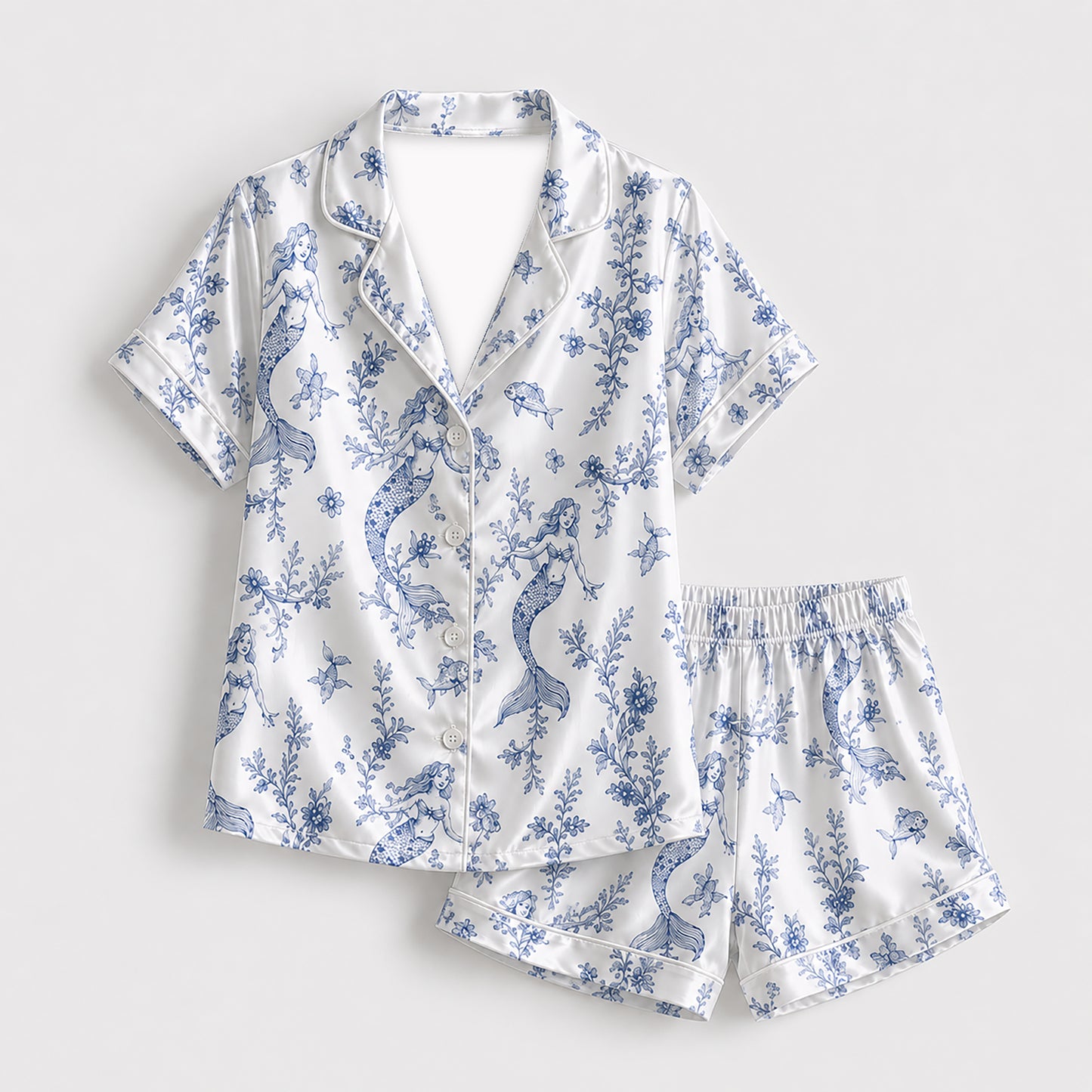 PJ-455-Elegant Blue Mermaid And Sea Coral Print White Satin Button Down Lounge Pajama Set