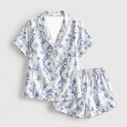 PJ-455-Elegant Blue Mermaid And Sea Coral Print White Satin Button Down Lounge Pajama Set