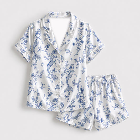 PJ-455-Elegant Blue Mermaid And Sea Coral Print White Satin Button Down Lounge Pajama Set