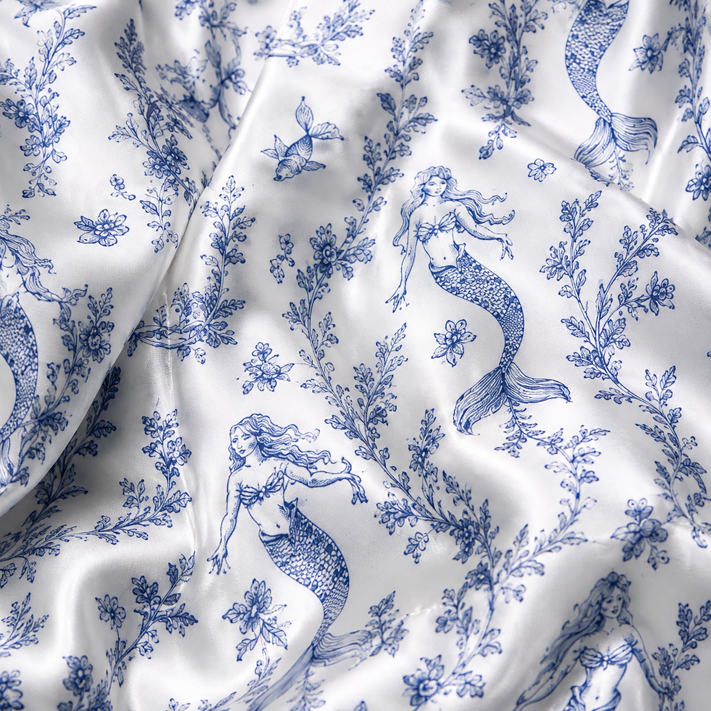 PJ-455-Elegant Blue Mermaid And Sea Coral Print White Satin Button Down Lounge Pajama Set