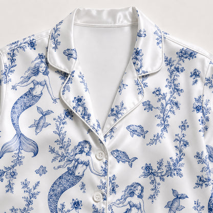 PJ-455-Elegant Blue Mermaid And Sea Coral Print White Satin Button Down Lounge Pajama Set