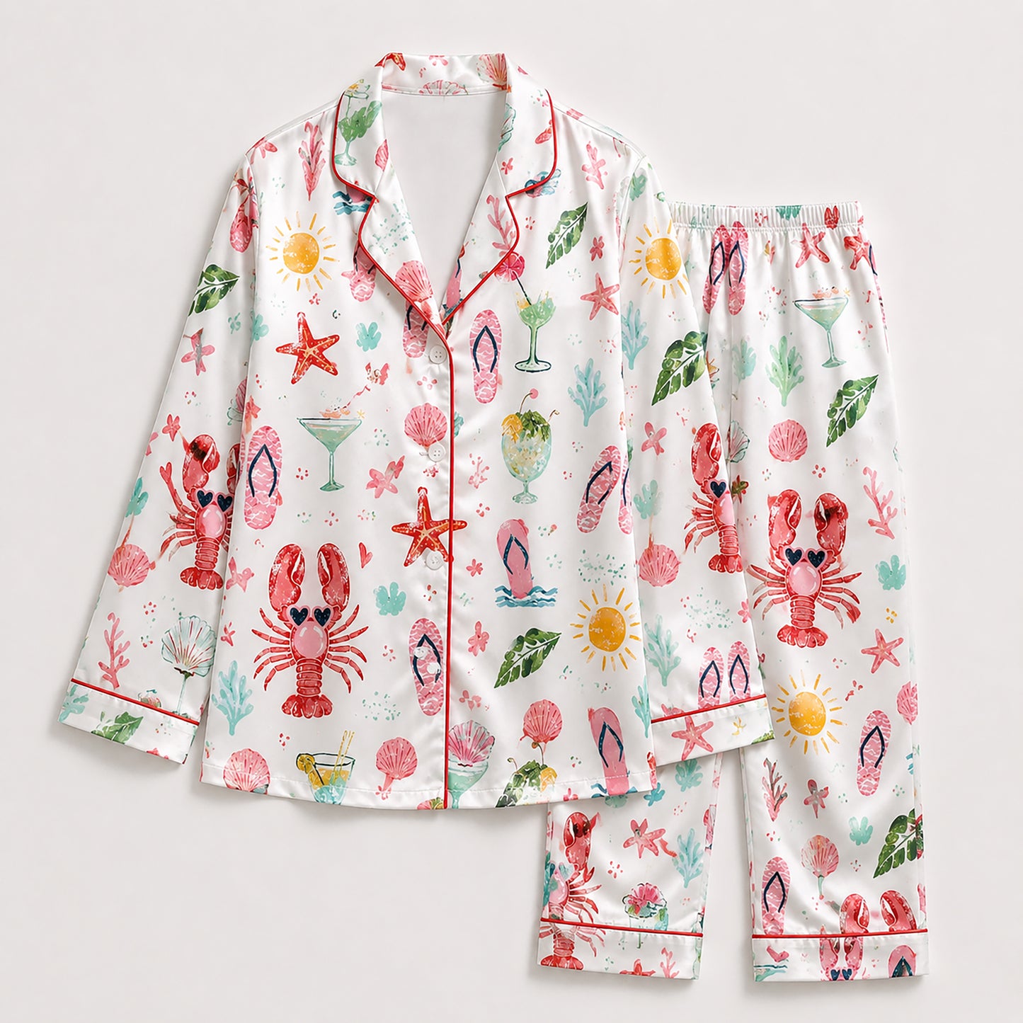 PJ-456-Vibrant Summer Beach Lobster And Cocktail Pattern White Satin Women Sleepwear Lounge Pajama Set