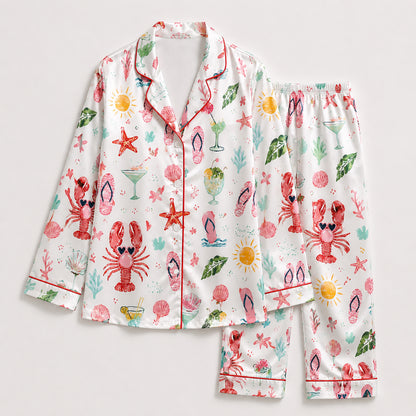 PJ-456-Vibrant Summer Beach Lobster And Cocktail Pattern White Satin Women Sleepwear Lounge Pajama Set