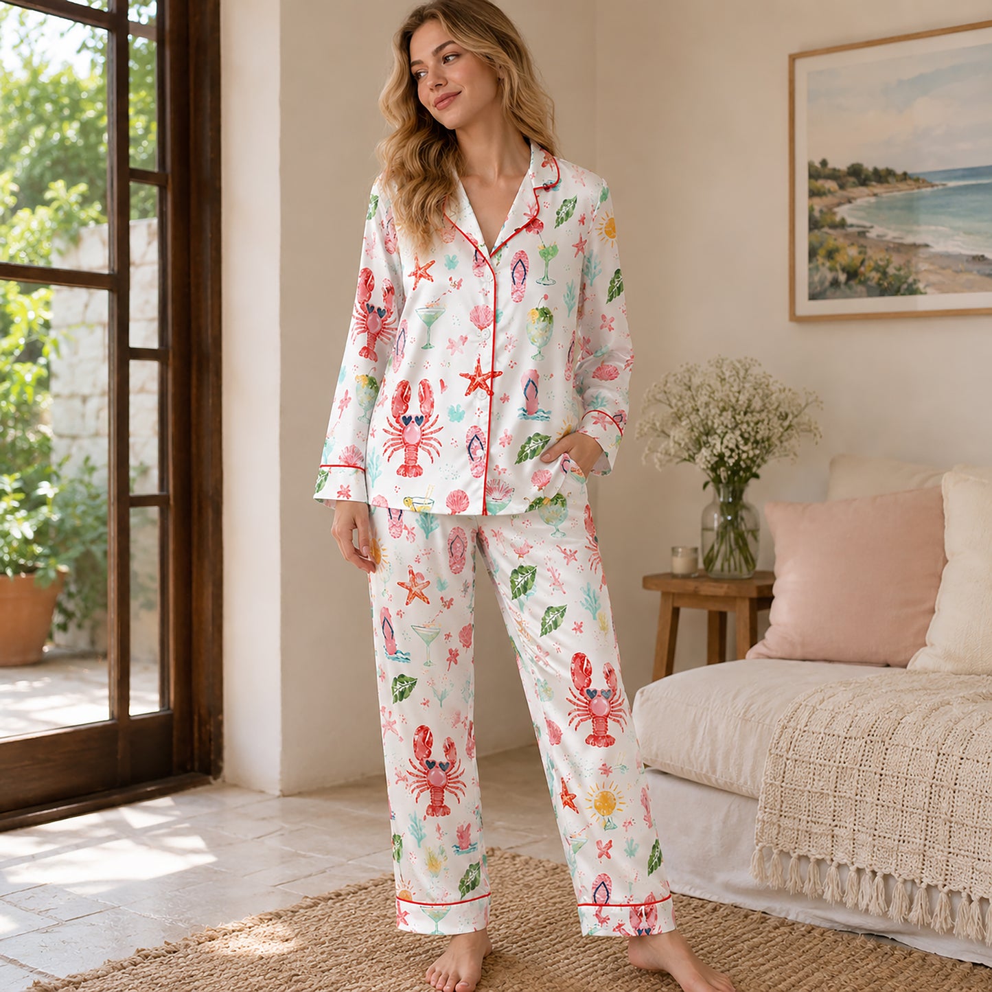 PJ-456-Vibrant Summer Beach Lobster And Cocktail Pattern White Satin Women Sleepwear Lounge Pajama Set