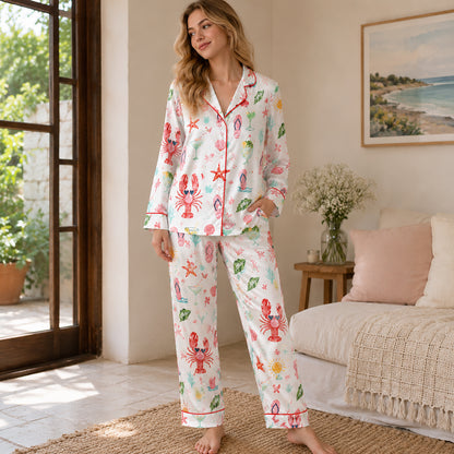 PJ-456-Vibrant Summer Beach Lobster And Cocktail Pattern White Satin Women Sleepwear Lounge Pajama Set