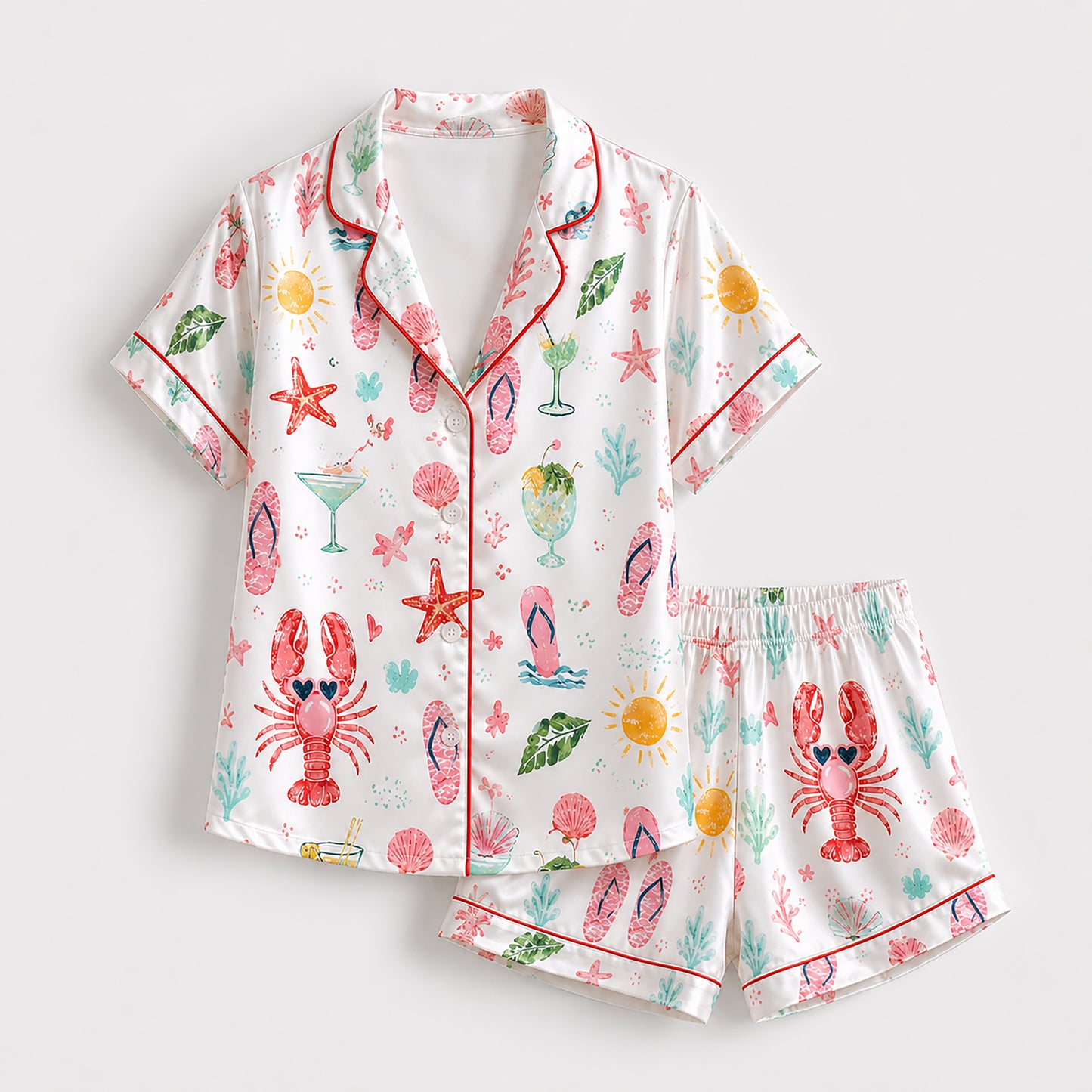PJ-456-Vibrant Summer Beach Lobster And Cocktail Pattern White Satin Women Sleepwear Lounge Pajama Set