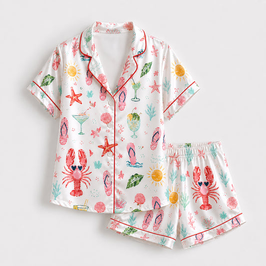 PJ-456-Vibrant Summer Beach Lobster And Cocktail Pattern White Satin Women Sleepwear Lounge Pajama Set