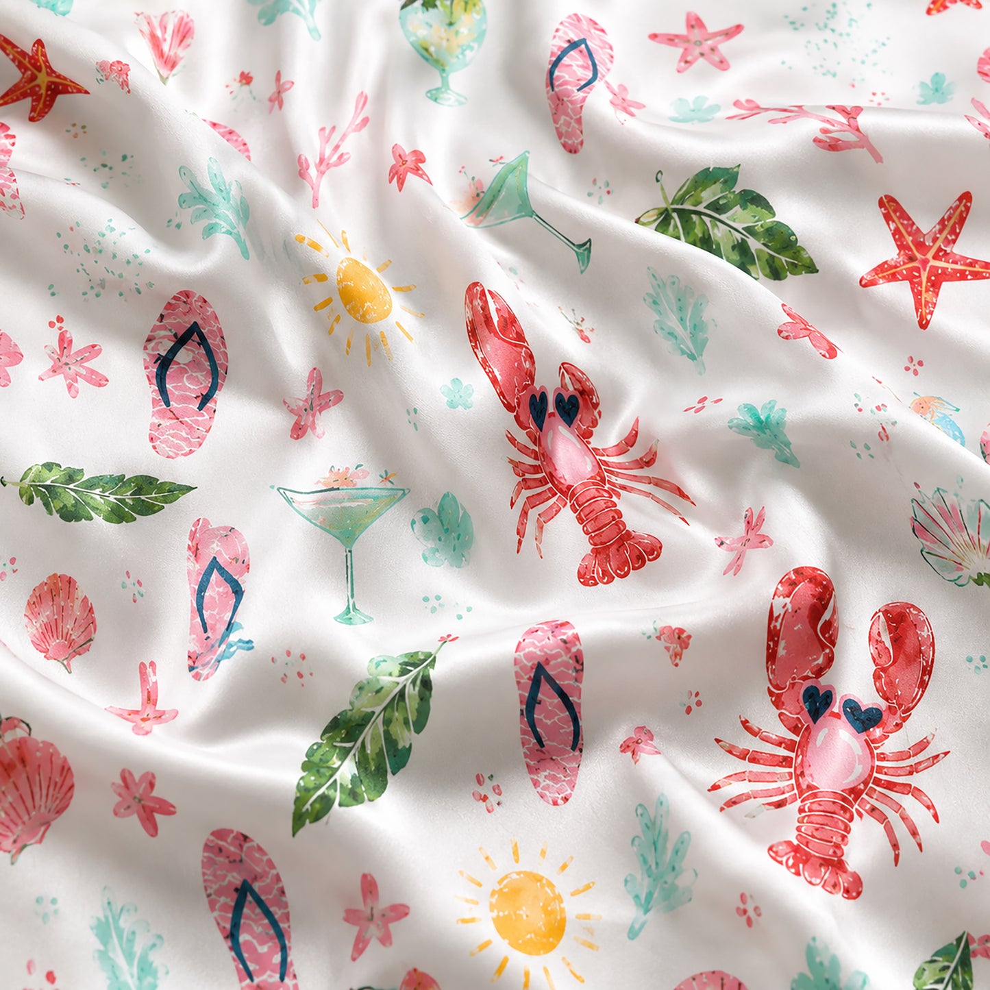 PJ-456-Vibrant Summer Beach Lobster And Cocktail Pattern White Satin Women Sleepwear Lounge Pajama Set