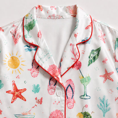 PJ-456-Vibrant Summer Beach Lobster And Cocktail Pattern White Satin Women Sleepwear Lounge Pajama Set