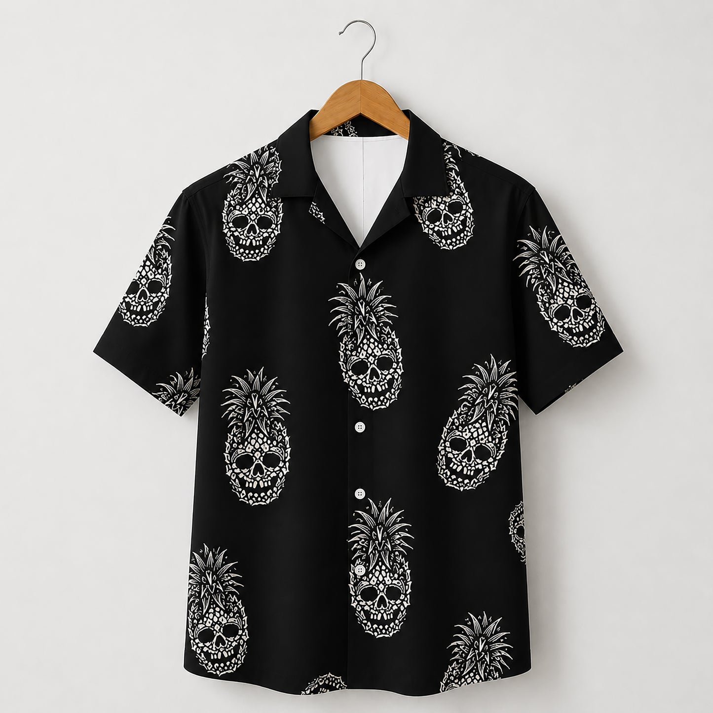 HW-457-Black Hawaiian Shirt White Pineapple Skull Gothic Tropical Beachwear Button Down