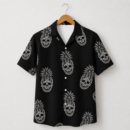 HW-457-Black Hawaiian Shirt White Pineapple Skull Gothic Tropical Beachwear Button Down
