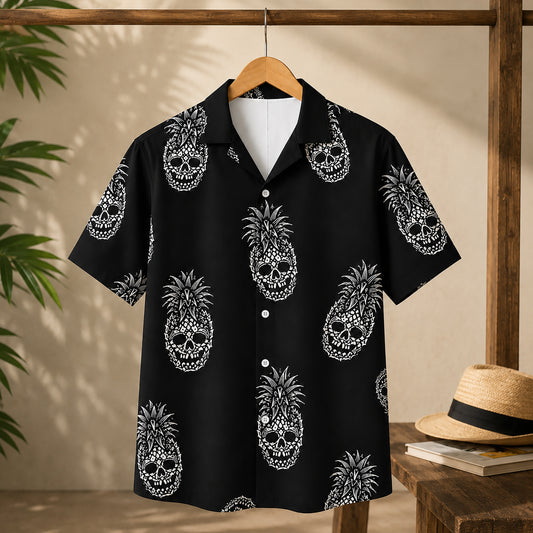 HW-457-Black Hawaiian Shirt White Pineapple Skull Gothic Tropical Beachwear Button Down