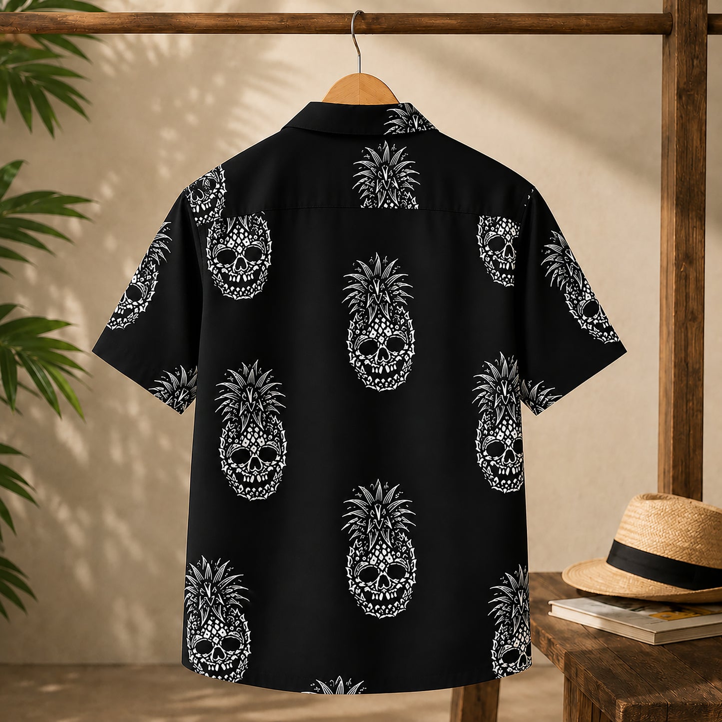 HW-457-Black Hawaiian Shirt White Pineapple Skull Gothic Tropical Beachwear Button Down