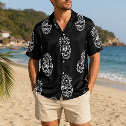 HW-457-Black Hawaiian Shirt White Pineapple Skull Gothic Tropical Beachwear Button Down