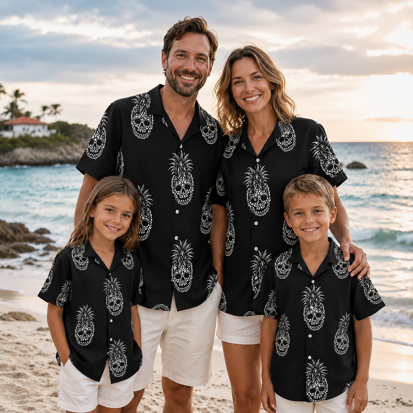 HW-457-Black Hawaiian Shirt White Pineapple Skull Gothic Tropical Beachwear Button Down