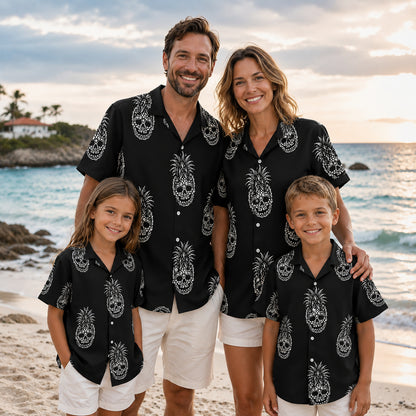 HW-457-Black Hawaiian Shirt White Pineapple Skull Gothic Tropical Beachwear Button Down