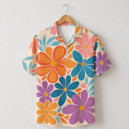 HW-458-Colorful Retro Floral Hawaiian Shirt Groovy Flower Power Summer Vacation Button Down Top