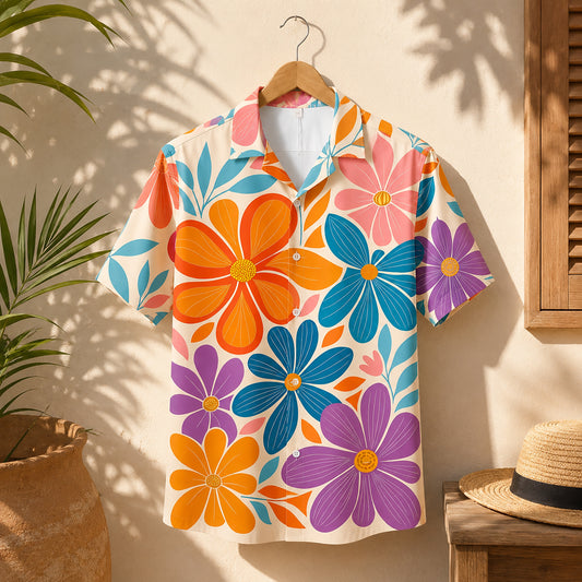 HW-458-Colorful Retro Floral Hawaiian Shirt Groovy Flower Power Summer Vacation Button Down Top