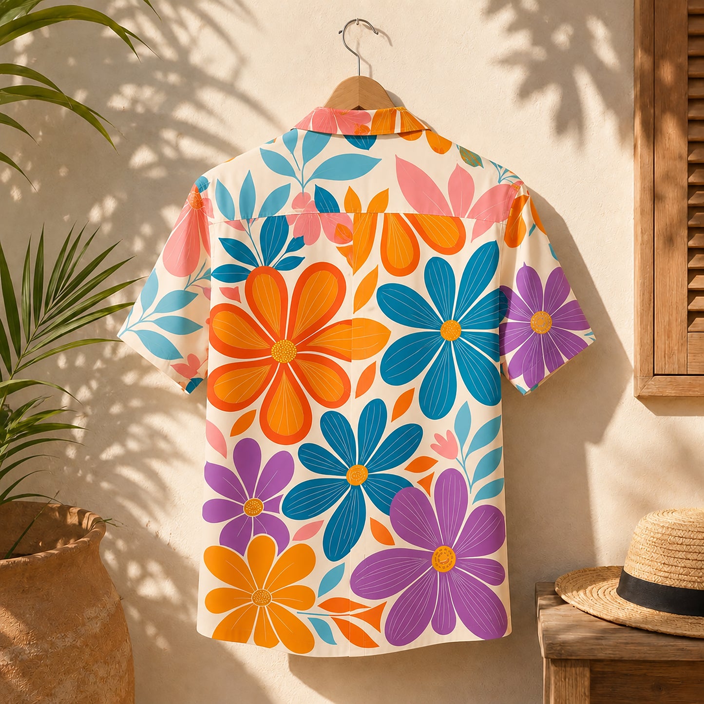 HW-458-Colorful Retro Floral Hawaiian Shirt Groovy Flower Power Summer Vacation Button Down Top