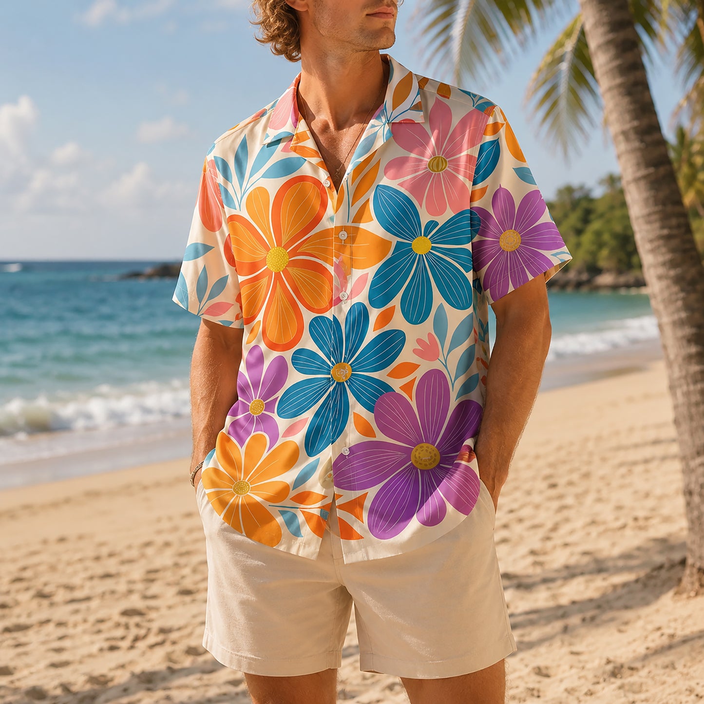 HW-458-Colorful Retro Floral Hawaiian Shirt Groovy Flower Power Summer Vacation Button Down Top