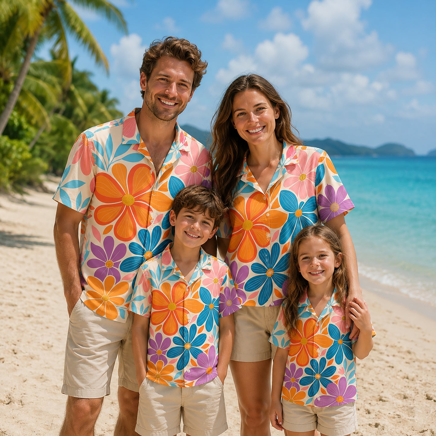 HW-458-Colorful Retro Floral Hawaiian Shirt Groovy Flower Power Summer Vacation Button Down Top