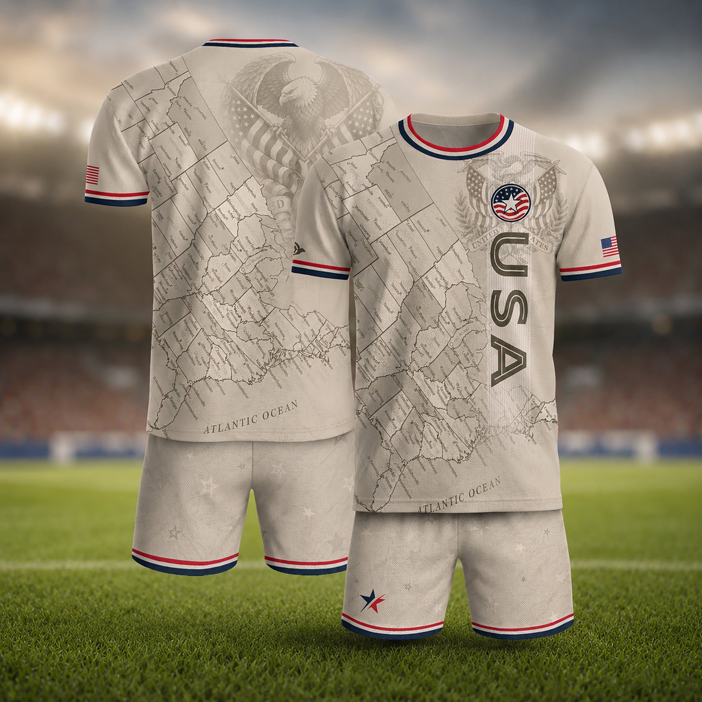 SJ-459-Adult/Youth Vintage USA Map And Eagle Graphic Print Soccer Jersey Athletic Match Uniform Set FREE SHIPPING