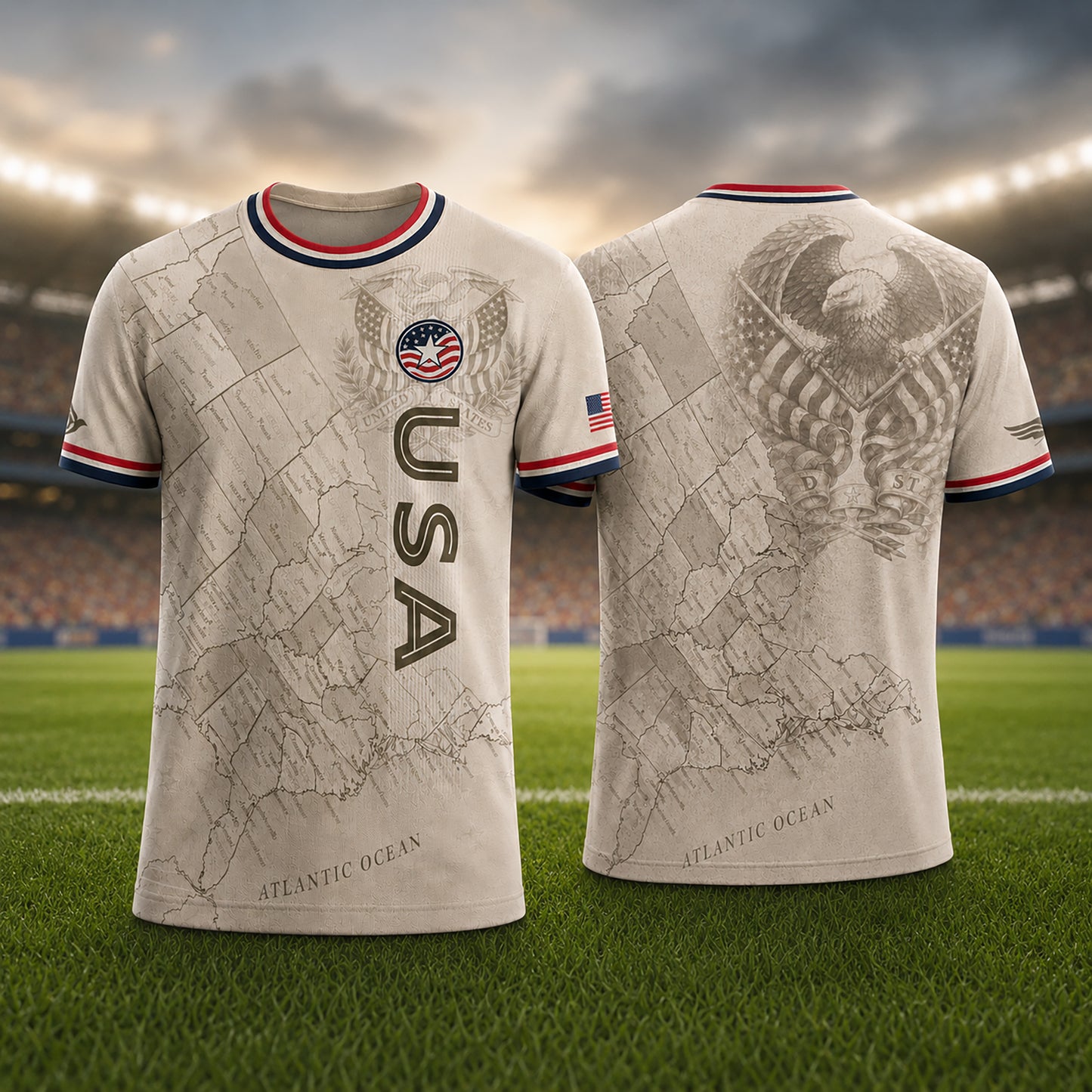 SJ-459-Adult/Youth Vintage USA Map And Eagle Graphic Print Soccer Jersey Athletic Match Uniform Set FREE SHIPPING