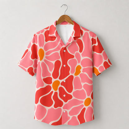 HW-460-Pink Polyester Hawaiian Resort Shirt, Bold Floral Pattern Short Sleeve Button Top Apparel Clothing