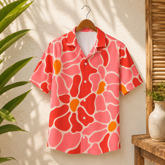 HW-460-Pink Polyester Hawaiian Resort Shirt, Bold Floral Pattern Short Sleeve Button Top Apparel Clothing