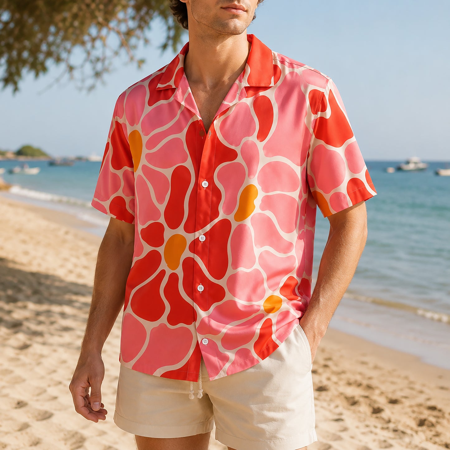 HW-460-Pink Polyester Hawaiian Resort Shirt, Bold Floral Pattern Short Sleeve Button Top Apparel Clothing