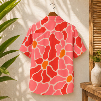 HW-460-Pink Polyester Hawaiian Resort Shirt, Bold Floral Pattern Short Sleeve Button Top Apparel Clothing