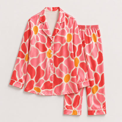 PJ-460-Romantic Watercolor Botanical Floral Heart Pattern Ivory Satin Sleepwear Button Front Lounge Pajama Set