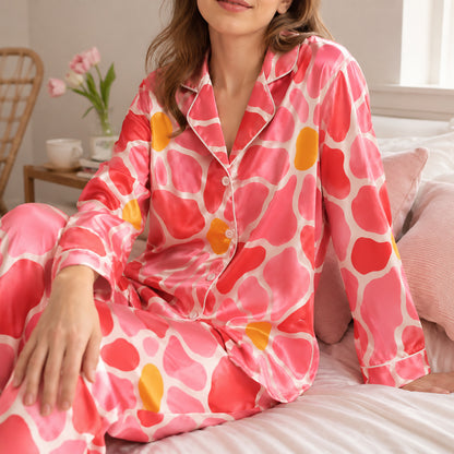 PJ-460-Romantic Watercolor Botanical Floral Heart Pattern Ivory Satin Sleepwear Button Front Lounge Pajama Set