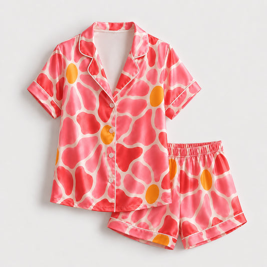 PJ-460-Romantic Watercolor Botanical Floral Heart Pattern Ivory Satin Sleepwear Button Front Lounge Pajama Set
