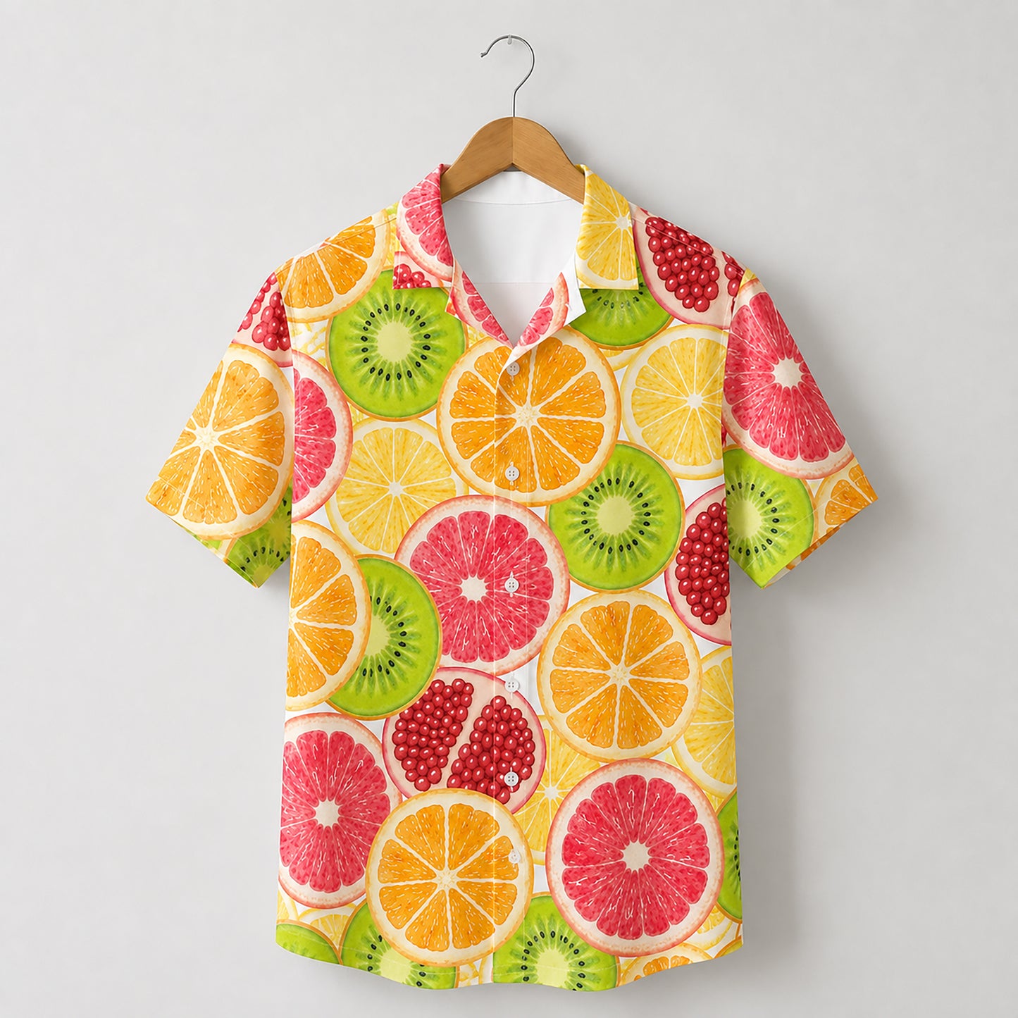 HW-461-Orange Polyester Hawaiian Resort Shirt, Citrus Slice Pattern Button Down Top Beachwear Clothing