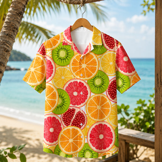 HW-461-Orange Polyester Hawaiian Resort Shirt, Citrus Slice Pattern Button Down Top Beachwear Clothing