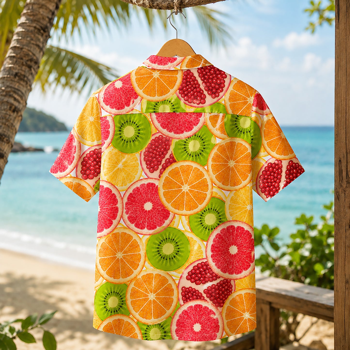 HW-461-Orange Polyester Hawaiian Resort Shirt, Citrus Slice Pattern Button Down Top Beachwear Clothing