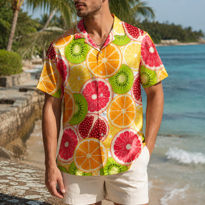 HW-461-Orange Polyester Hawaiian Resort Shirt, Citrus Slice Pattern Button Down Top Beachwear Clothing