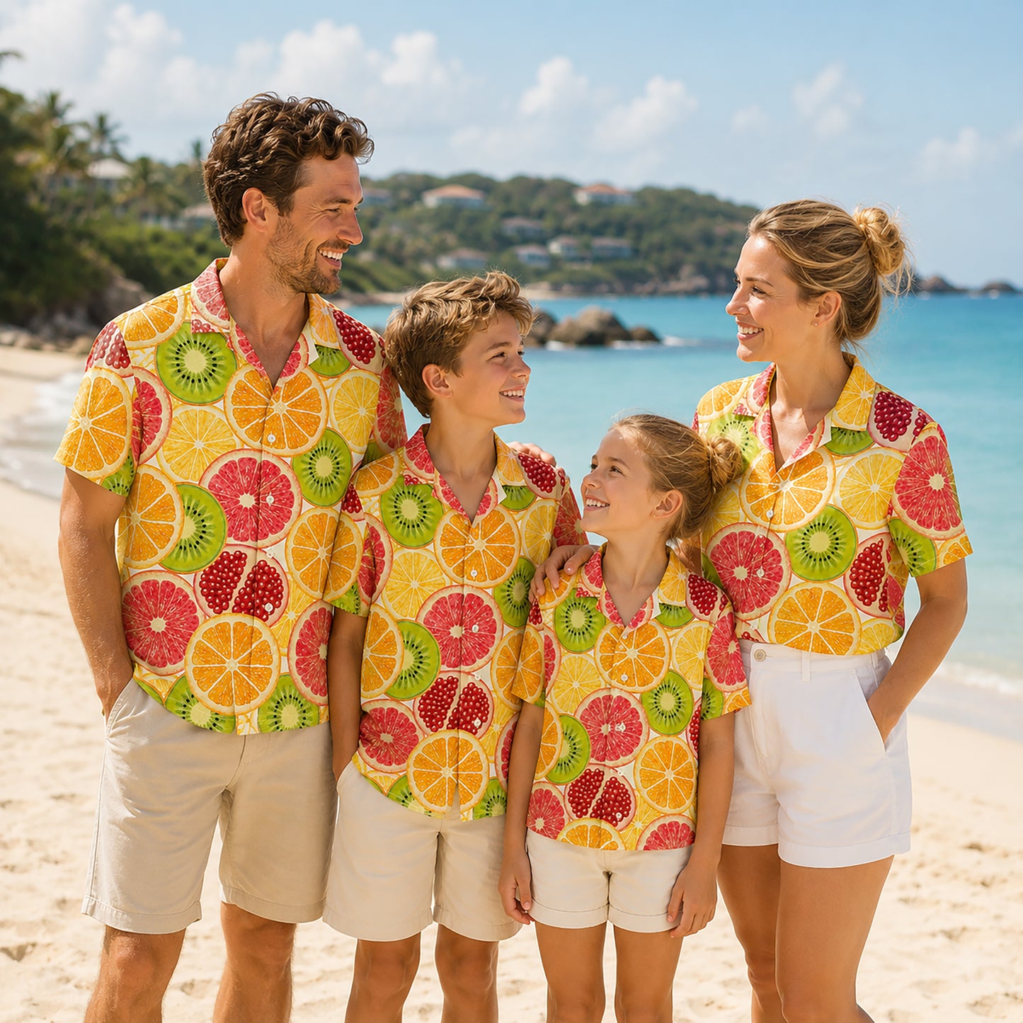 HW-461-Orange Polyester Hawaiian Resort Shirt, Citrus Slice Pattern Button Down Top Beachwear Clothing