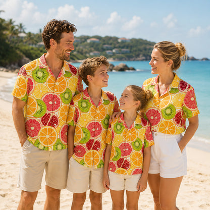 HW-461-Orange Polyester Hawaiian Resort Shirt, Citrus Slice Pattern Button Down Top Beachwear Clothing