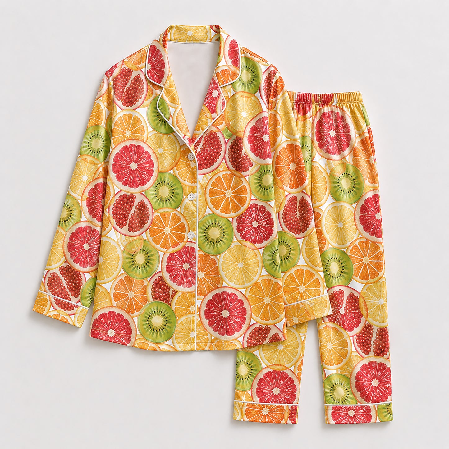 PJ-461-Orange Satin Fruit Pajama Apparel, Citrus Slice Pattern Loungewear Sleepwear Collection Top Bottom Clothing