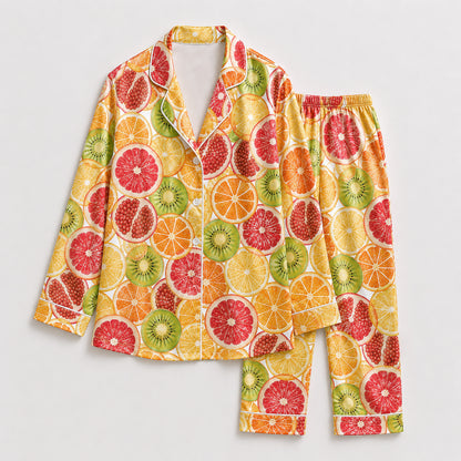 PJ-461-Orange Satin Fruit Pajama Apparel, Citrus Slice Pattern Loungewear Sleepwear Collection Top Bottom Clothing