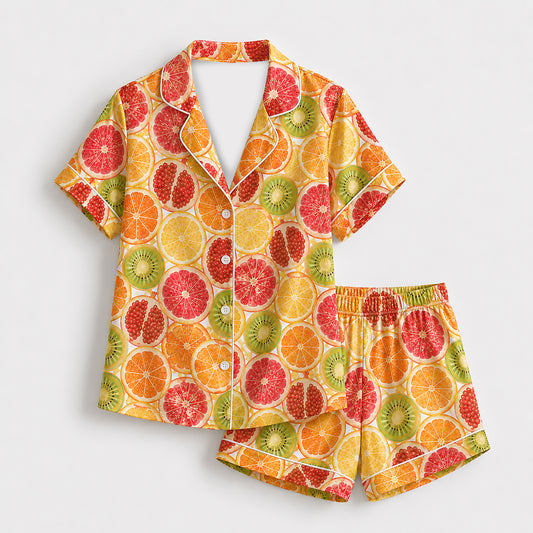 PJ-461-Orange Satin Fruit Pajama Apparel, Citrus Slice Pattern Loungewear Sleepwear Collection Top Bottom Clothing