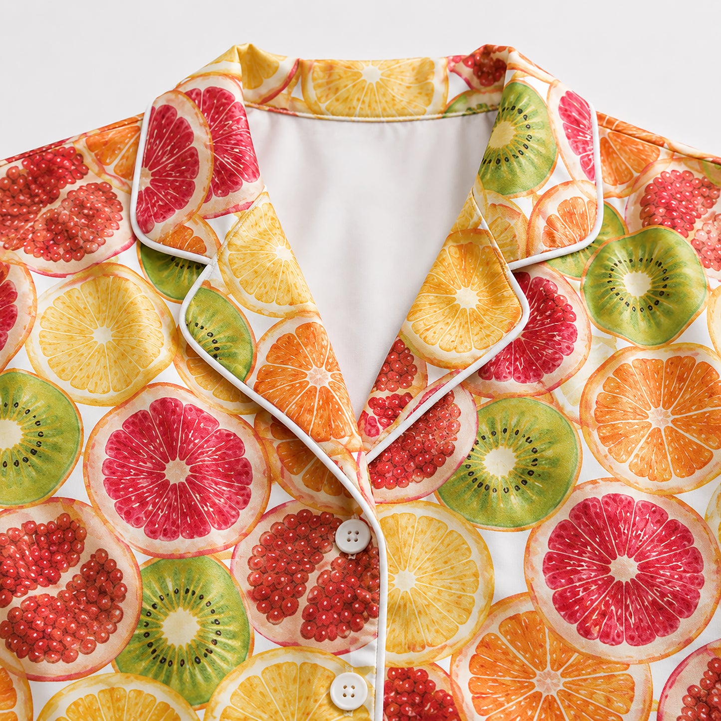 PJ-461-Orange Satin Fruit Pajama Apparel, Citrus Slice Pattern Loungewear Sleepwear Collection Top Bottom Clothing
