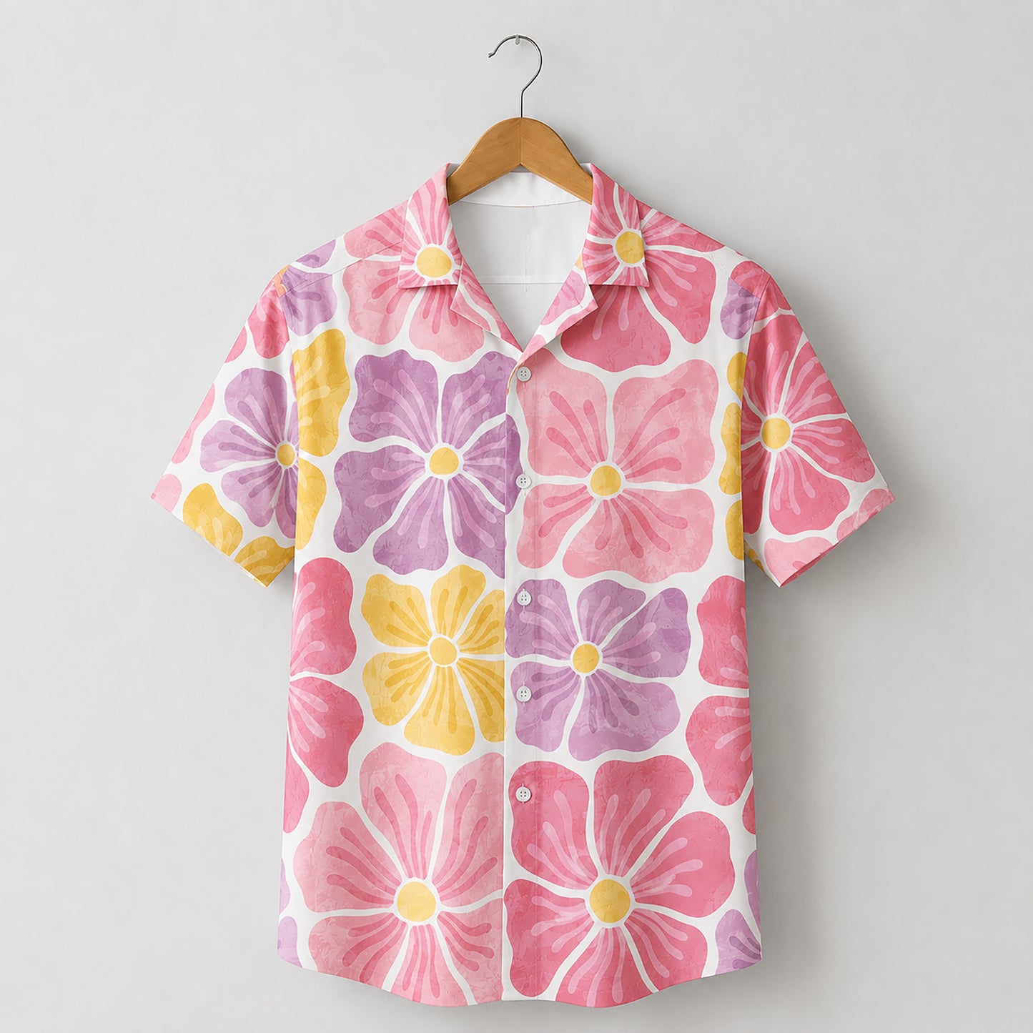 HW-462-Pink Polyester Hawaiian Resort Shirt, Pastel Petal Pattern Button Down Top Beachwear Clothing